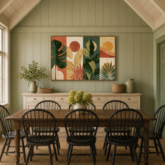 Leaf panel artwork above a cream sideboard in a sage green shiplap dining room