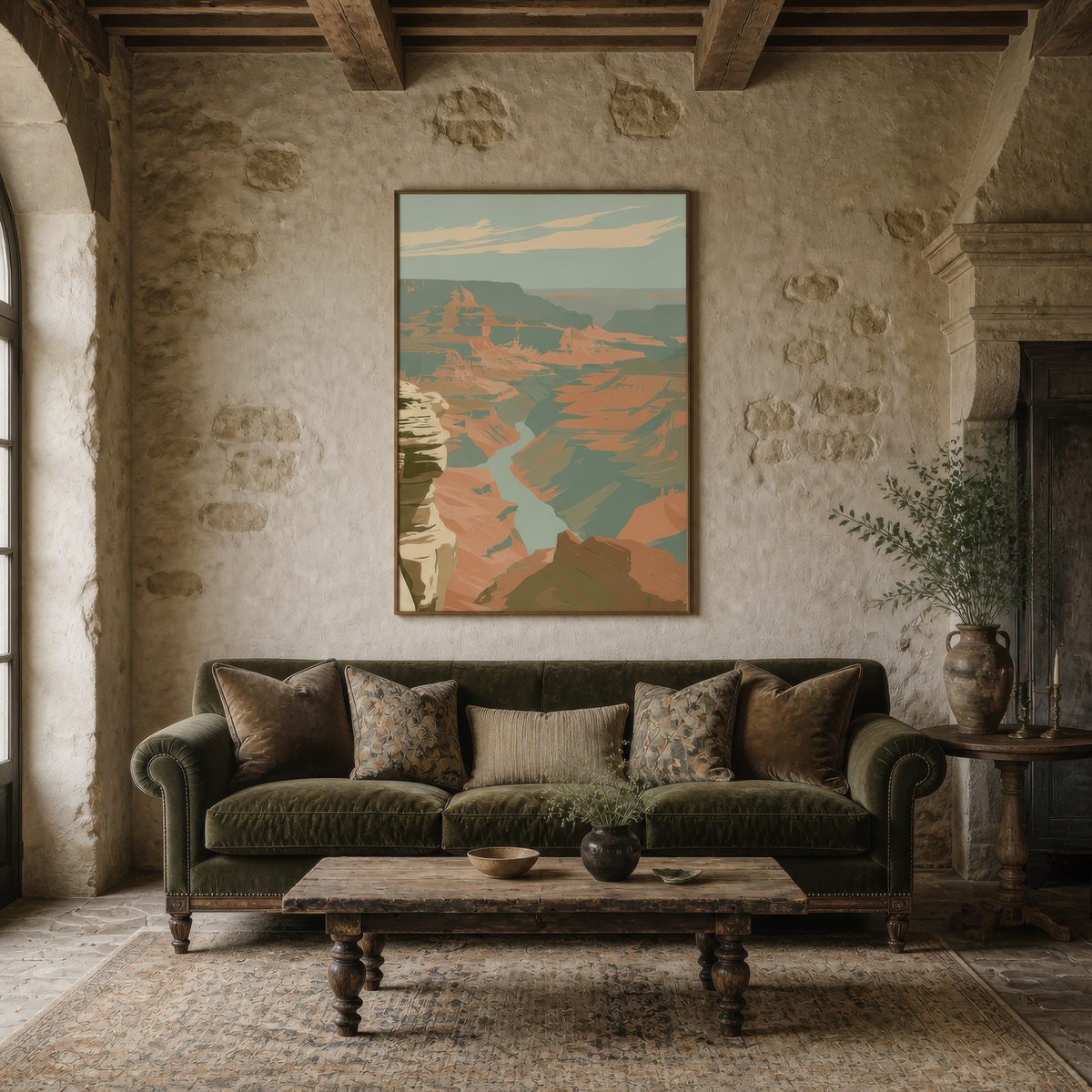 Cream limestone canyon above a green velvet sofa on a rough stone wall with beams