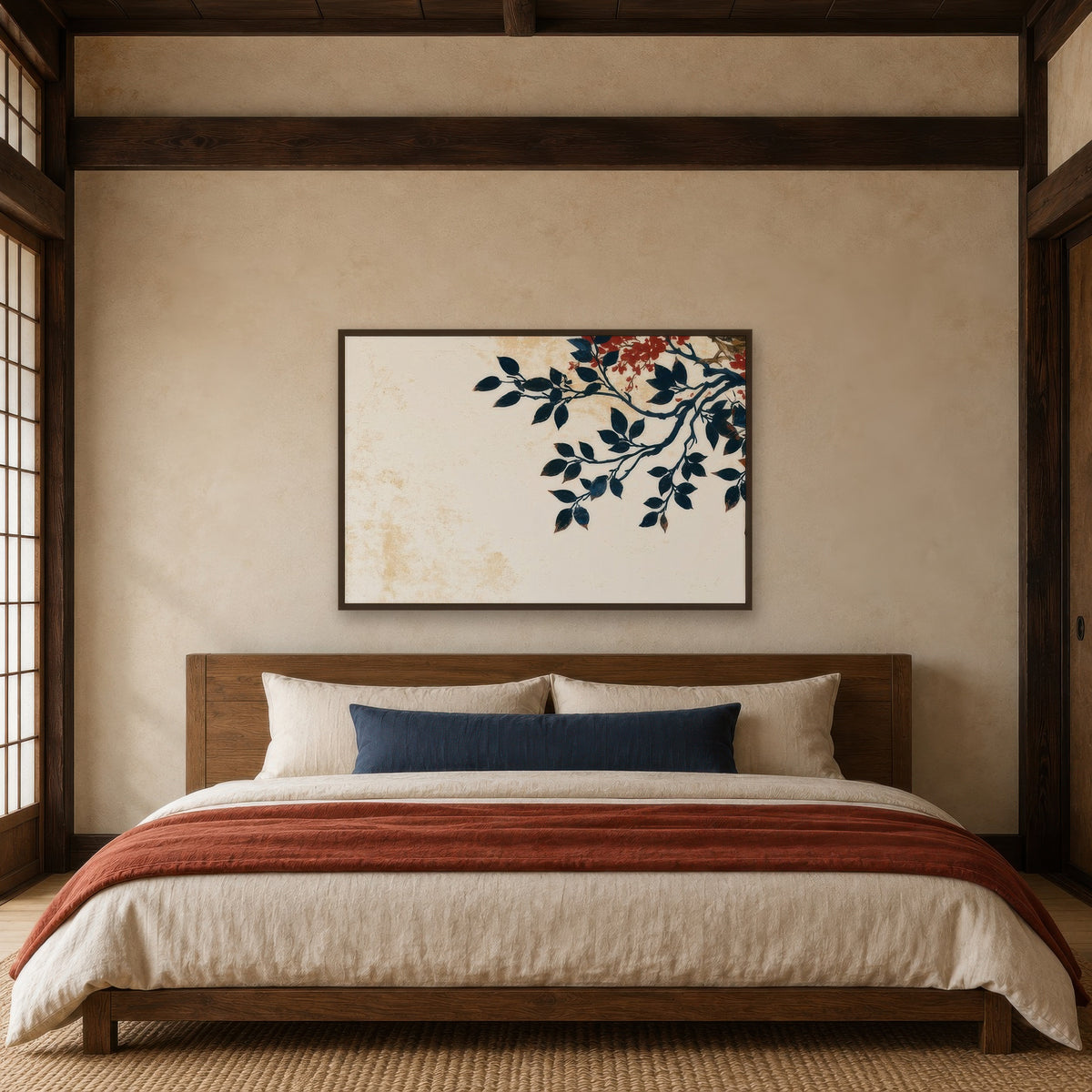 Branch with Berries Illustration japandi wall art in a bedroom