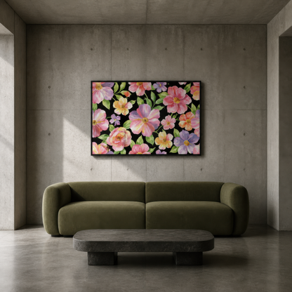 Multicolor Floral Pattern on Black wall art print staged in a room