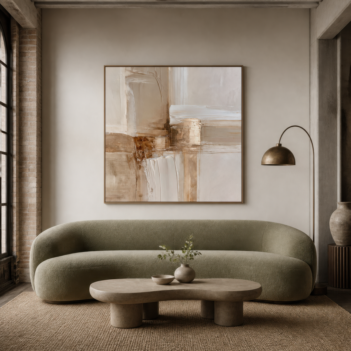Square cream and copper abstract artwork above a sage curved sofa with an arc floor lamp