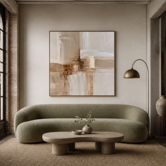 Square cream and copper abstract artwork above a sage curved sofa with an arc floor lamp