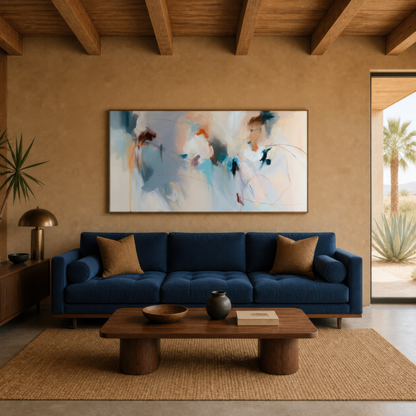 Wide soft blue and blush abstract artwork above a navy tufted sofa on a warm plaster wall