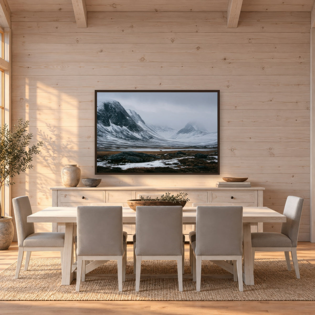Snowy Mountain Valley with a Lone Deer scandinavian wall art in a dining room