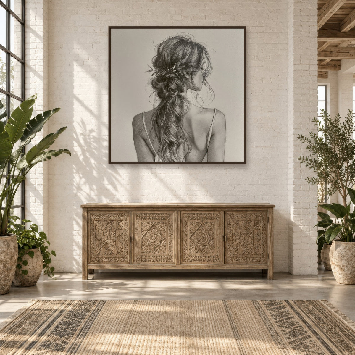Braided Hair Sketch Portrait boho wall art in an entryway