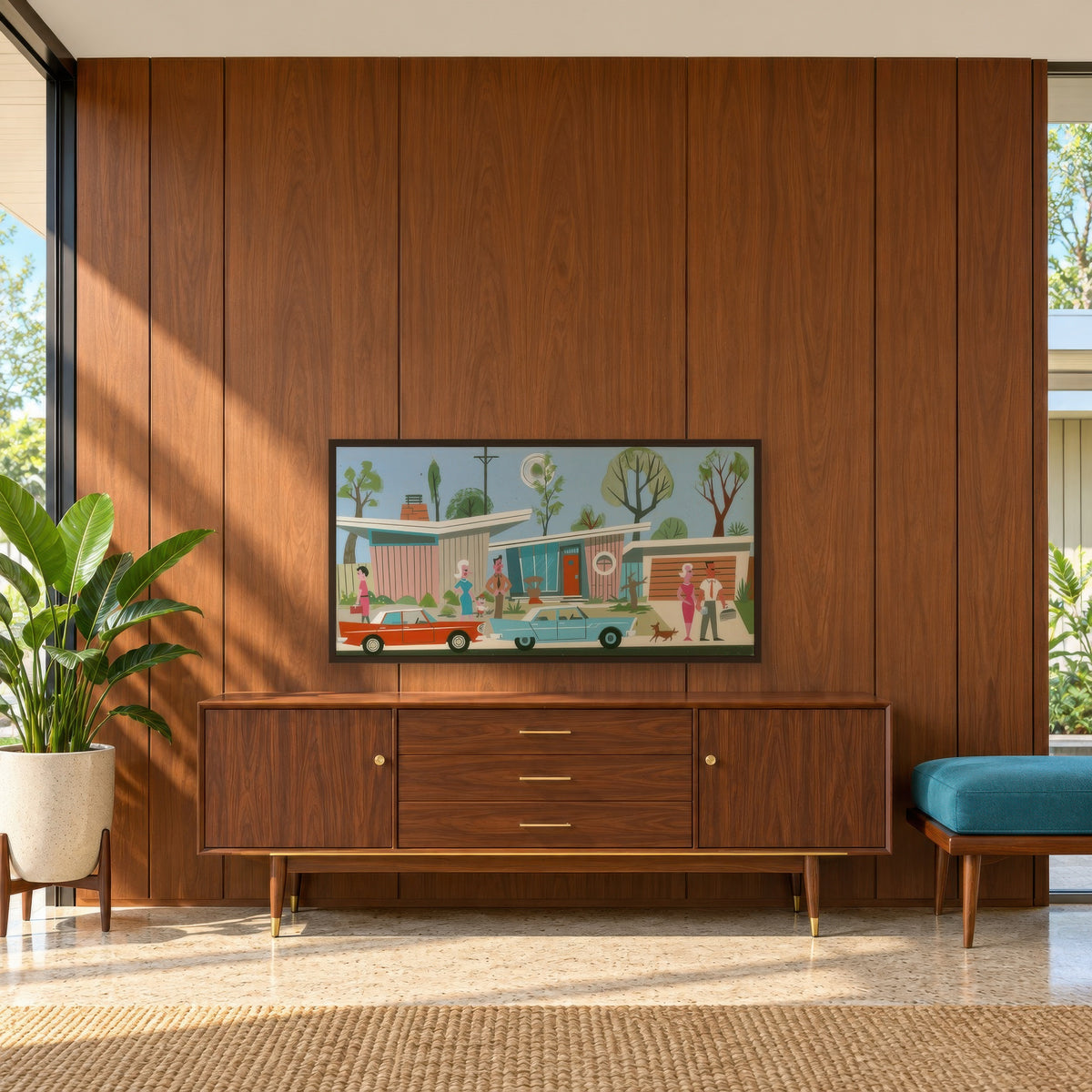 Retro Suburban Neighborhood Illustration mid-century modern wall art in an entryway
