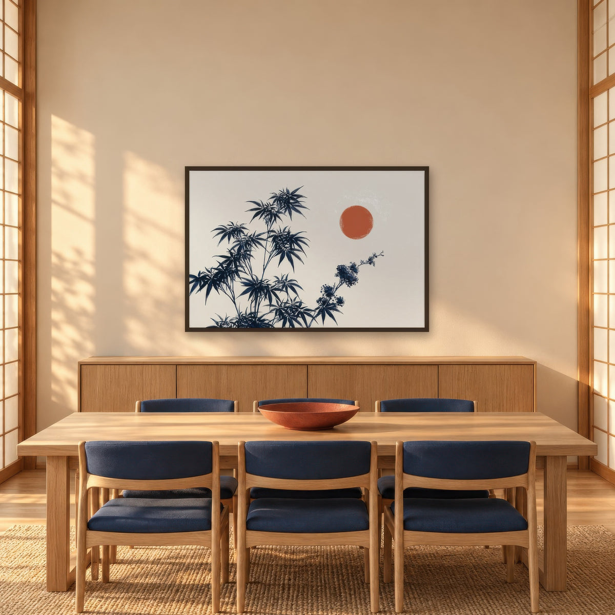Indigo Leaves and Red Sun japandi wall art in a dining room