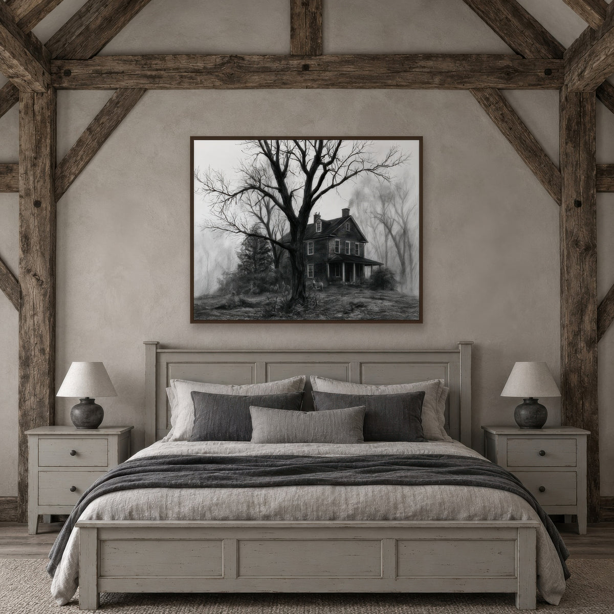 Farmhouse Behind the Ancient Tree farmhouse wall art in a bedroom