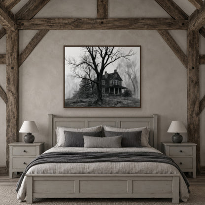 Farmhouse Behind the Ancient Tree farmhouse wall art in a bedroom