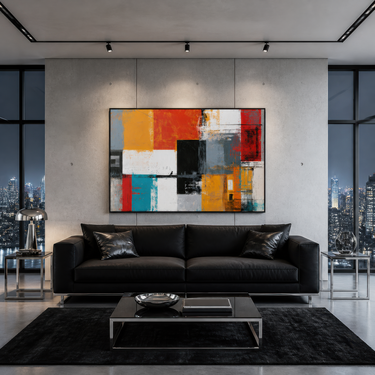 Large colorful orange, red and teal abstract artwork above a black leather sofa in a concrete loft with a city view