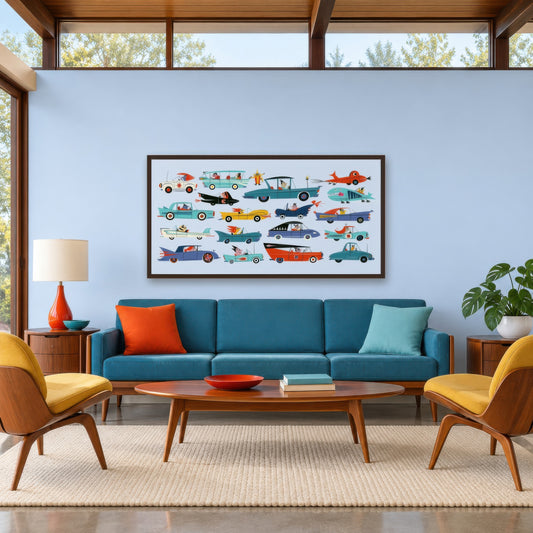 Whimsical Retro Cars Illustration mid-century modern wall art in a living room