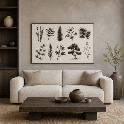 Japanese botanical chart above a cream sofa on a plaster wall with a wood coffee table
