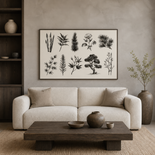 Japanese botanical chart above a cream sofa on a plaster wall with a wood coffee table