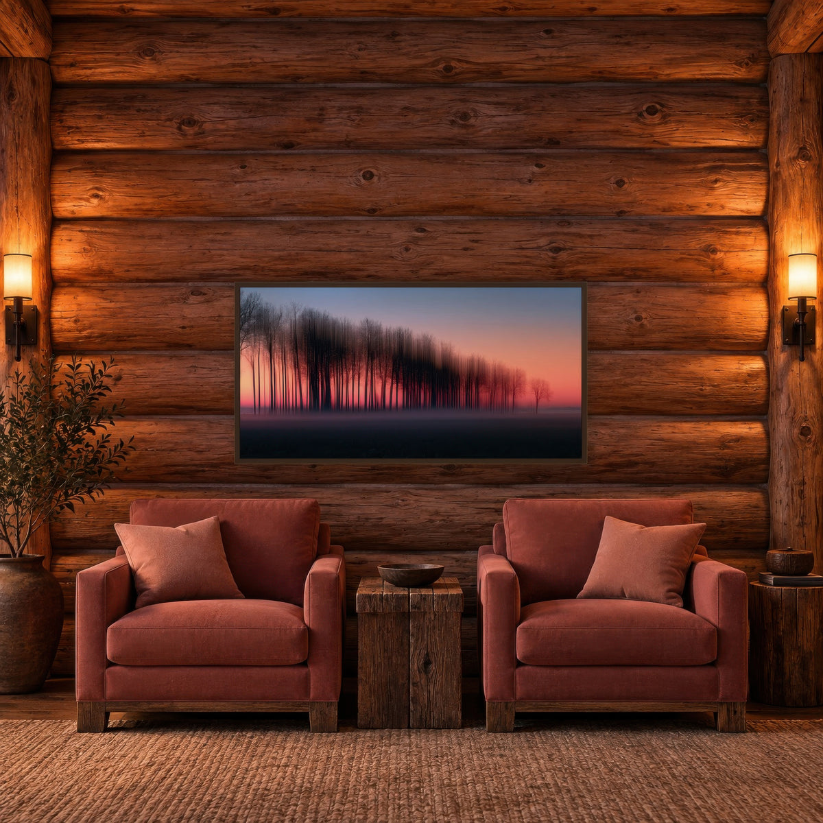 Bare Trees at Sunset landscape wall art in a den