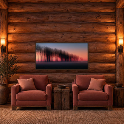 Bare Trees at Sunset landscape wall art in a den