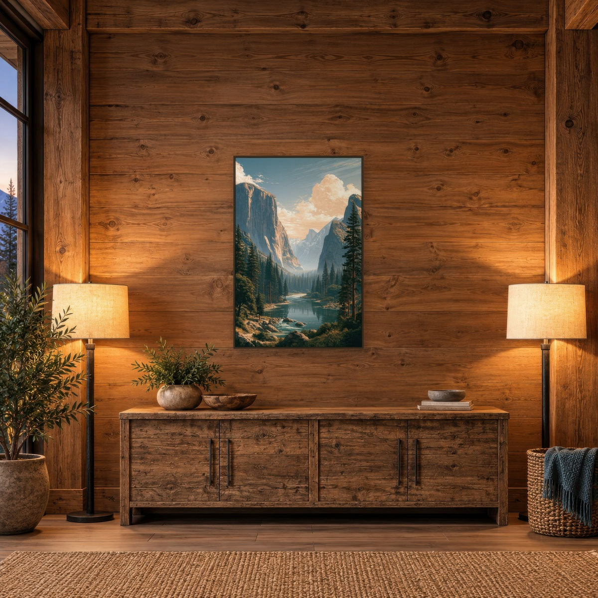 Yosemite Valley River national park wall art in an entryway