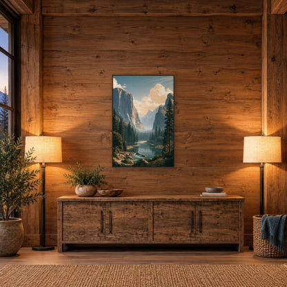 Yosemite Valley River national park wall art in an entryway