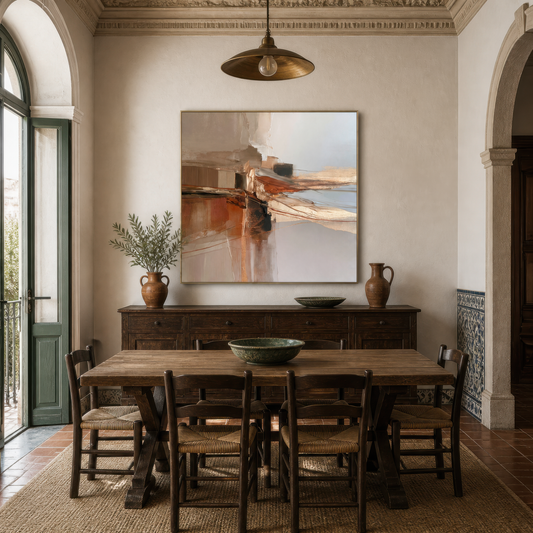 Square terracotta and gray abstract artwork above a sideboard in a dining room with a wooden table