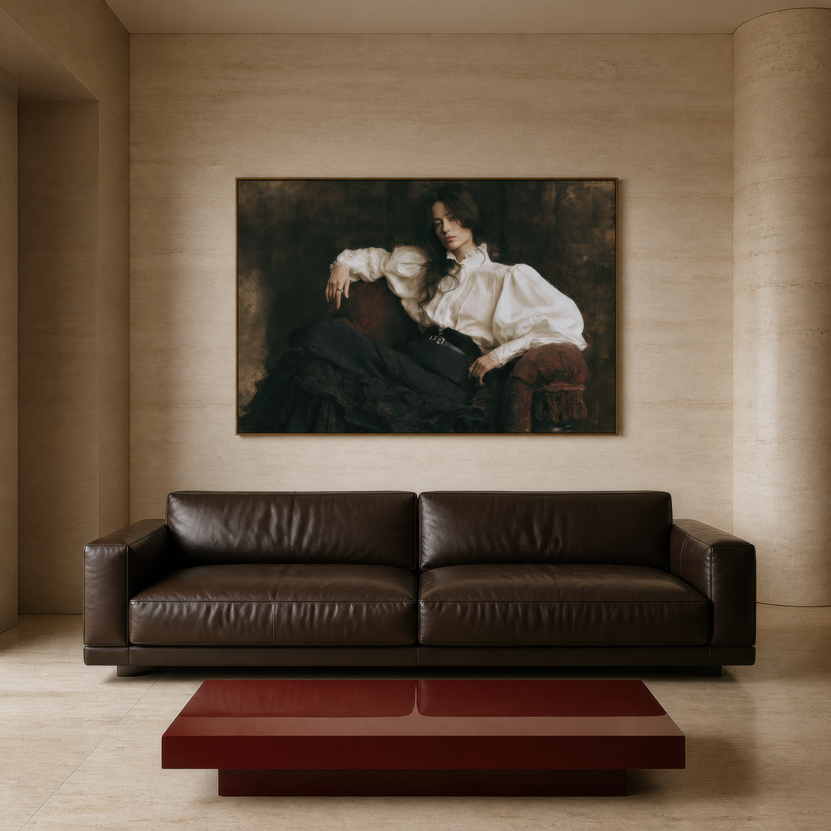 Portrait in repose above a dark brown leather sofa on a limestone wall with a red low table