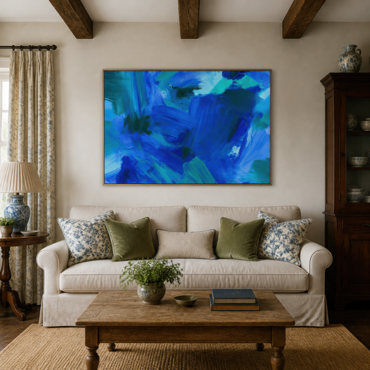 Cobalt brushstroke abstract above a cream sofa with olive pillows and an antique cabinet