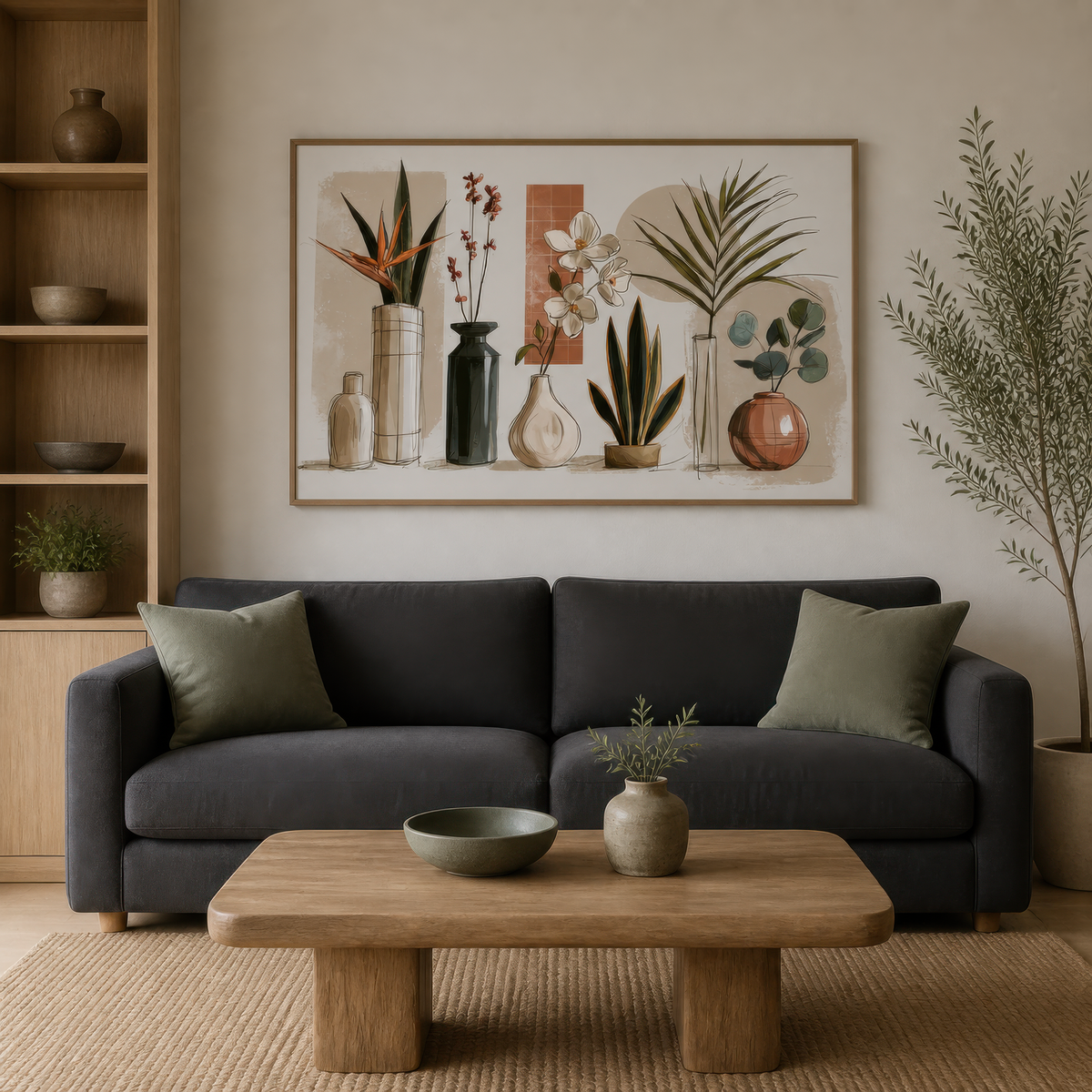 Botanical vase collection above a charcoal sofa with a pale wood low coffee table