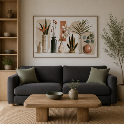 Botanical vase collection above a charcoal sofa with a pale wood low coffee table