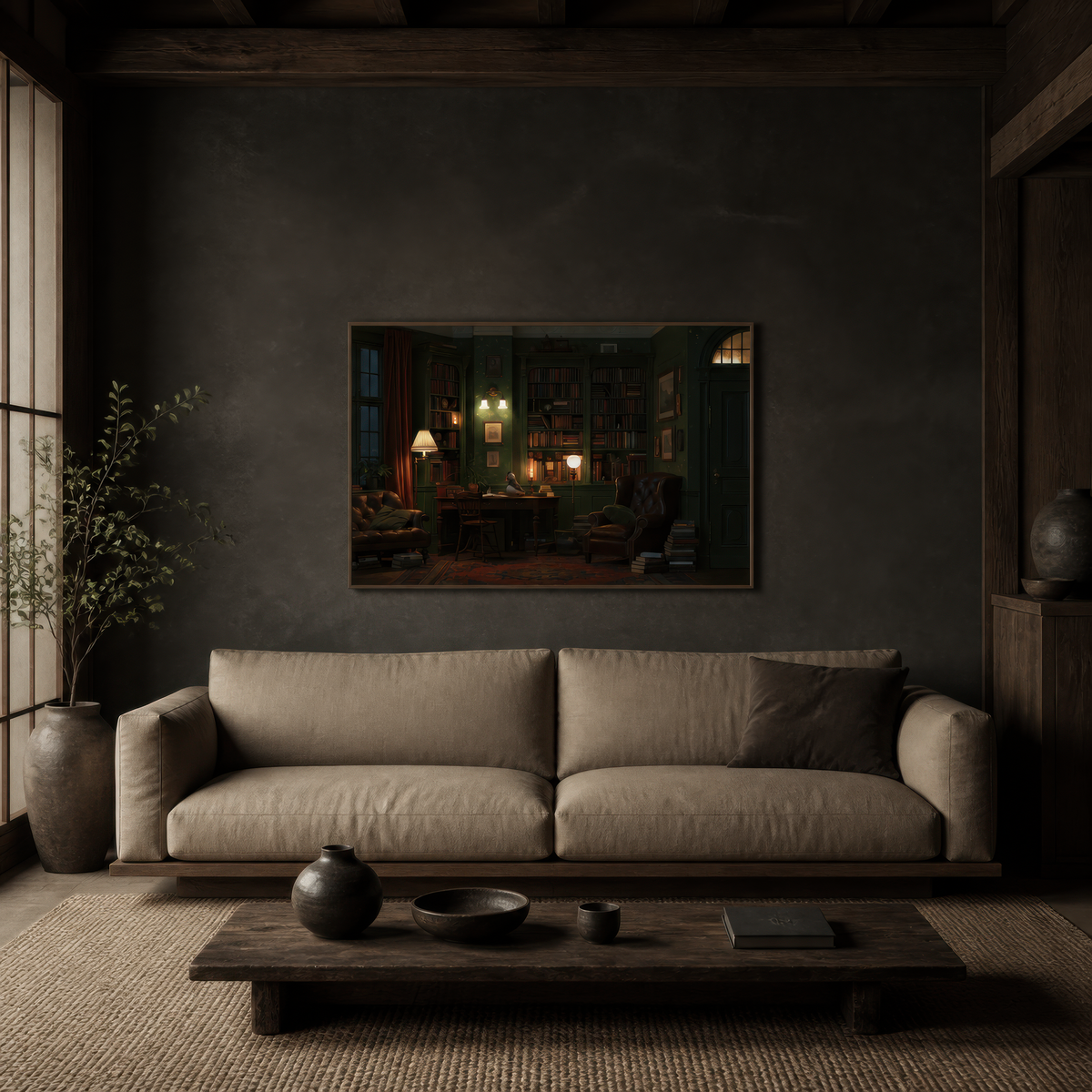 Lamplit Green Library – Dark Academia Wall Art