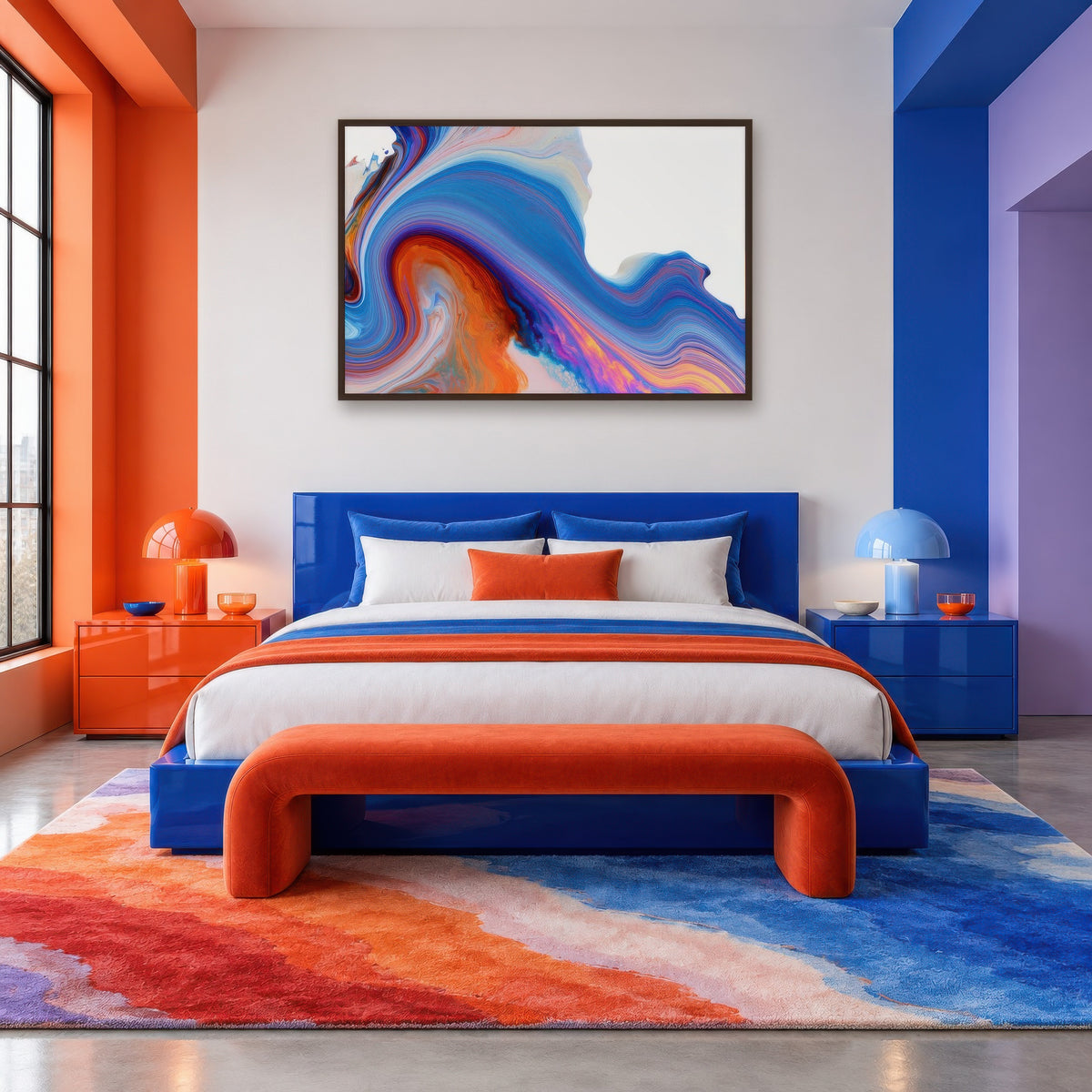 Sapphire Wave Swirl dopamine wall art in a bedroom