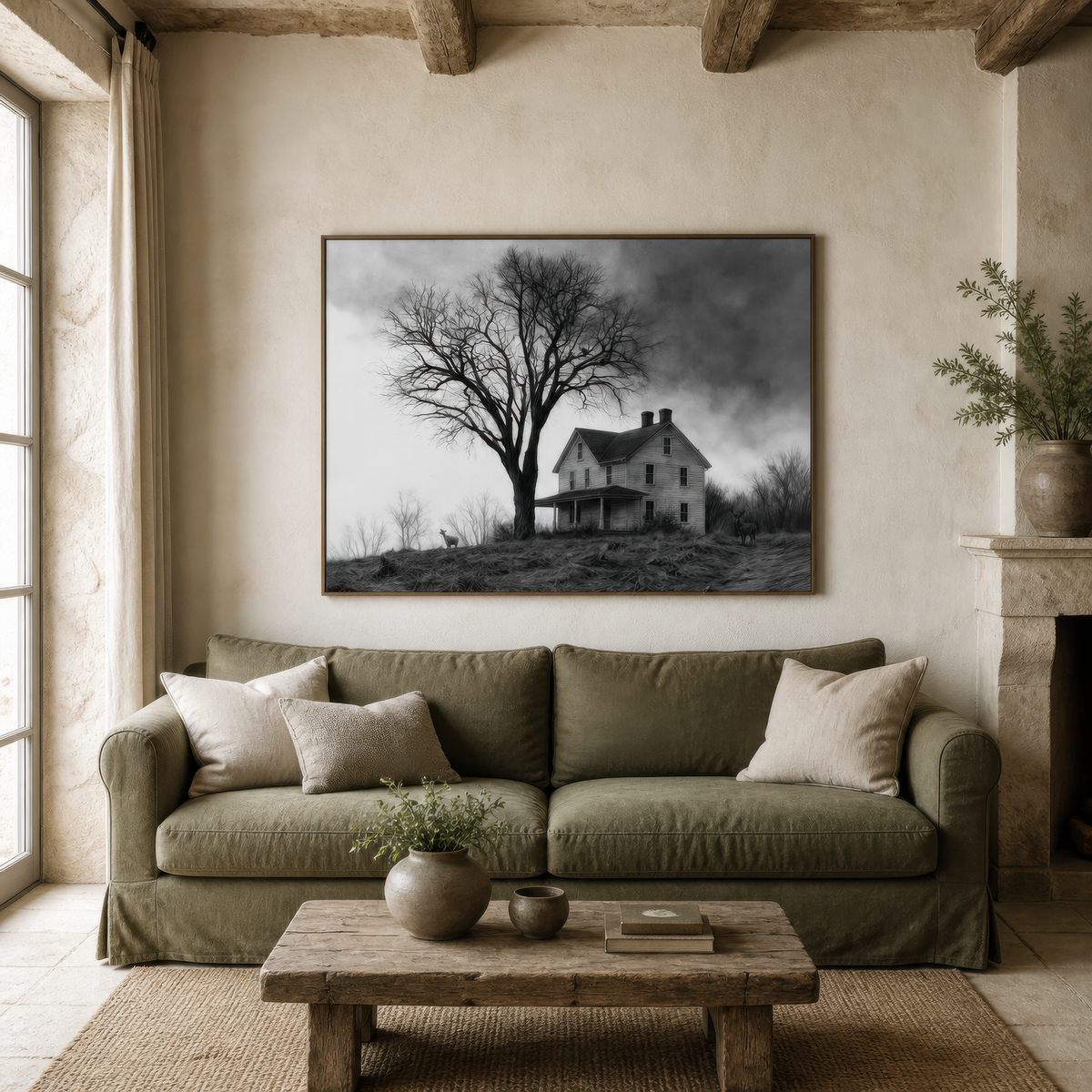 Stormy hilltop farmhouse above an olive green sofa with a wood coffee table