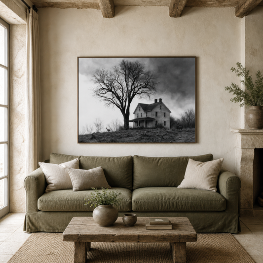 Stormy hilltop farmhouse above an olive green sofa with a wood coffee table