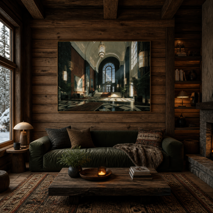 Grand deco atrium above an olive green sofa on a dark timber plank wall with bookshelves