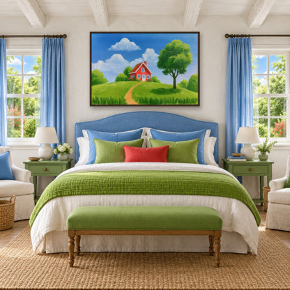 Red Cottage on the Green cottagecore wall art in a bedroom