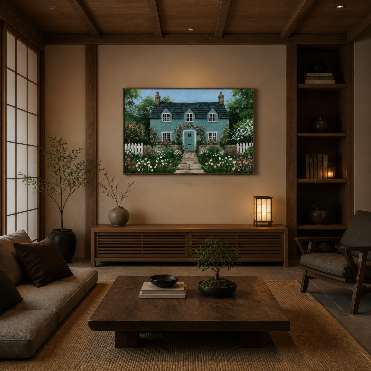 Rose arch cottage above a low wood console with a tan sofa and tall dark bookshelves
