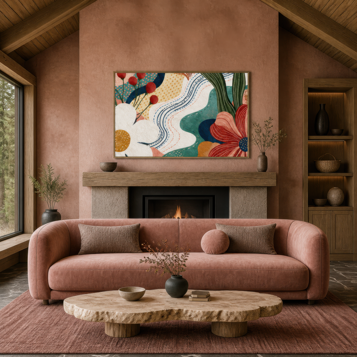 Abstract garden path artwork above a dusty rose curved sofa beside a terracotta fireplace