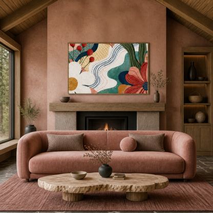 Abstract garden path artwork above a dusty rose curved sofa beside a terracotta fireplace