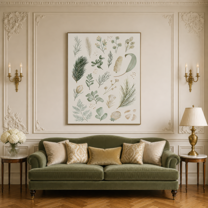 Botanical Specimen Chart wall art print staged in a room