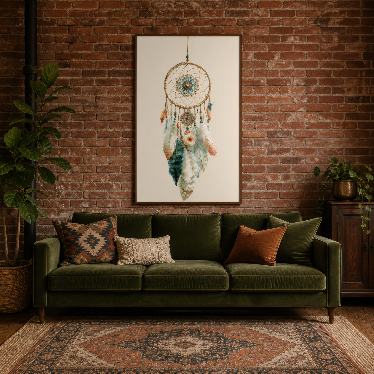 Teal and clay dreamcatcher artwork above an olive velvet sofa on an exposed brick wall