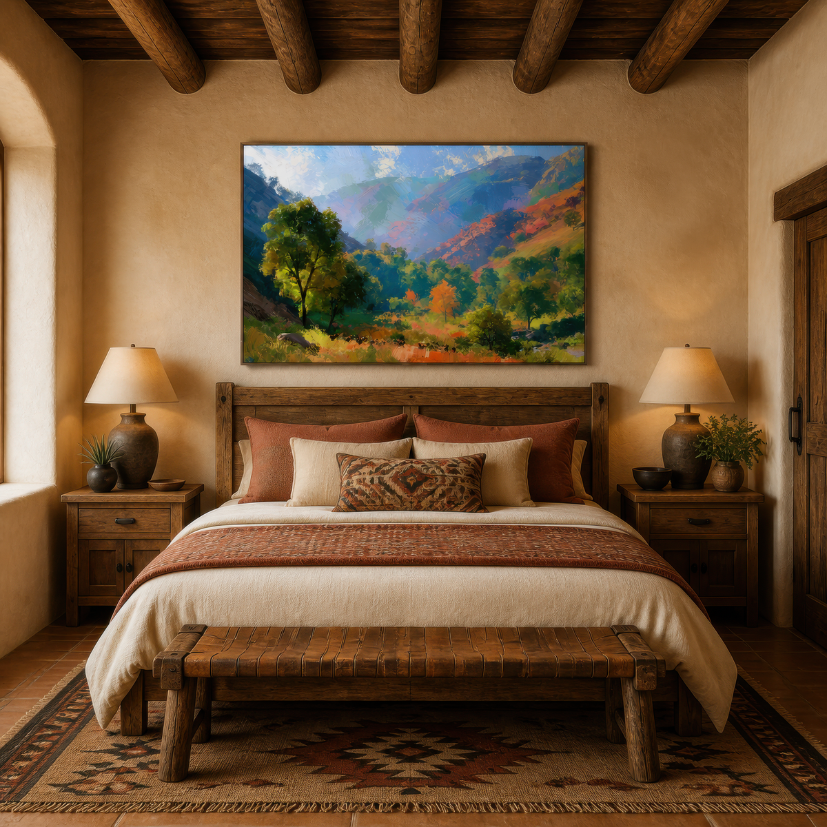 Mountain valley landscape above a cream upholstered bed with rust pillows and two lamps