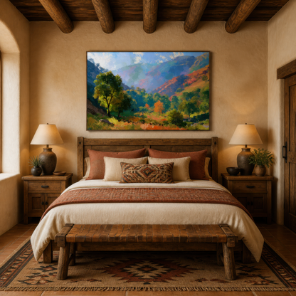 Mountain valley landscape above a cream upholstered bed with rust pillows and two lamps