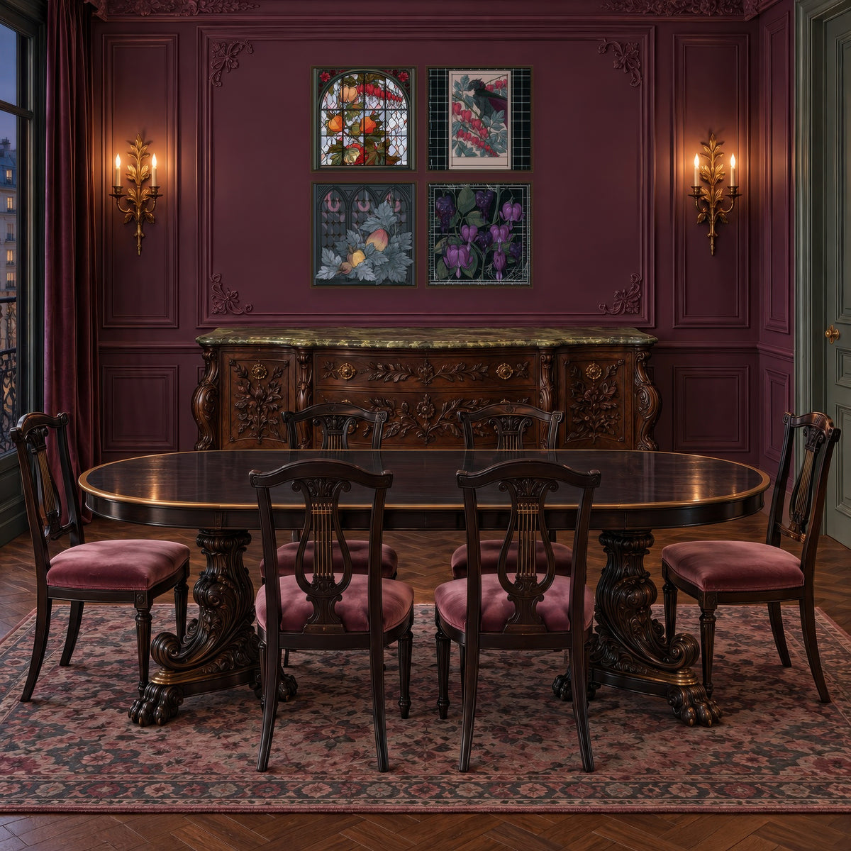 Four-Panel Bleeding Heart Illustration Set vamp romantic wall art in a dining room