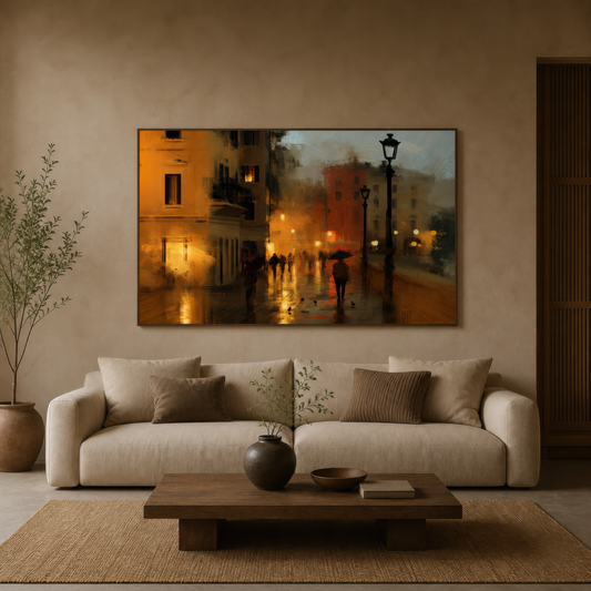 Evening street lamps above a cream low sofa on a plaster wall with a dark wood coffee table