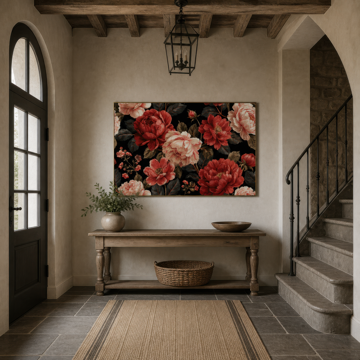 Dark Peony Pattern on Black – Watercolor Floral Wall Art