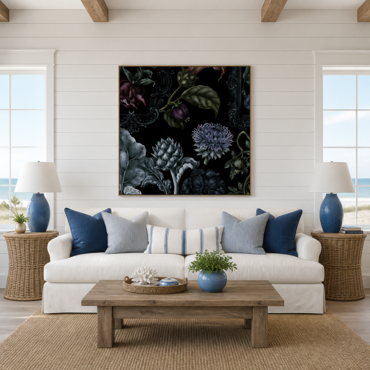 Purple Mum and Artichoke Dark Floral wall art print staged in a room