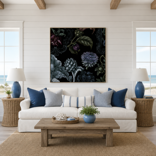 Purple Mum and Artichoke Dark Floral wall art print staged in a room