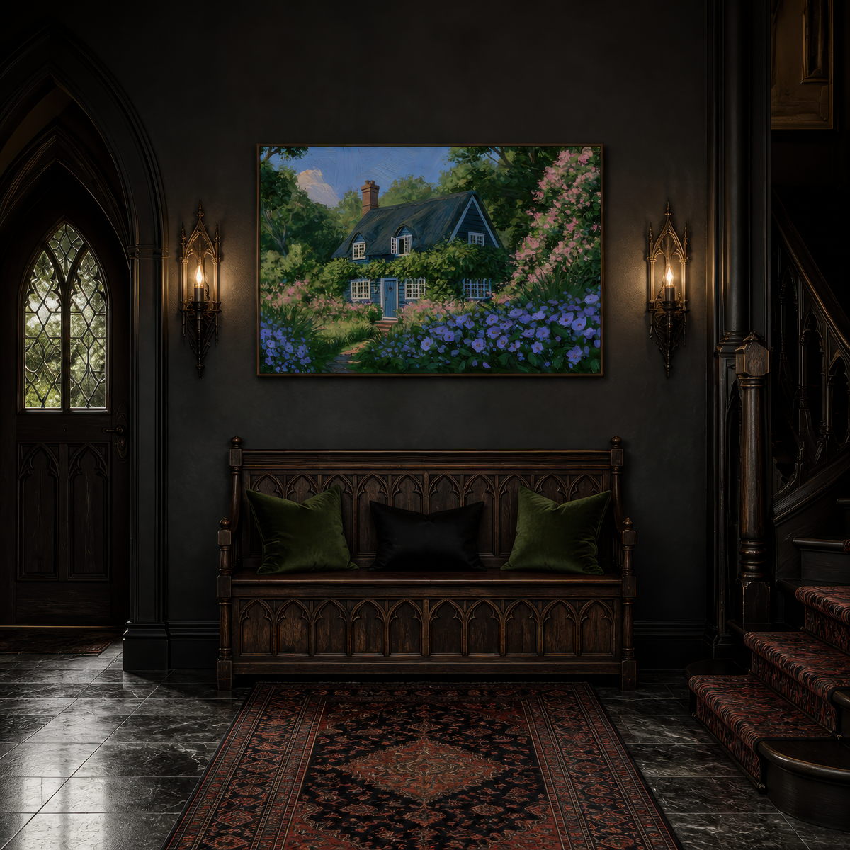 Blue blossom cottage above a carved dark wood bench in a near black Gothic entryway