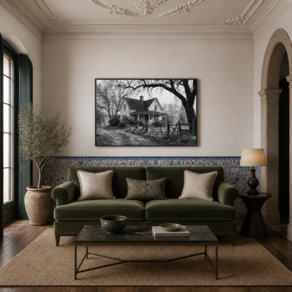 Farmhouse under the old tree above an olive green sofa on a wall with a blue tiled dado