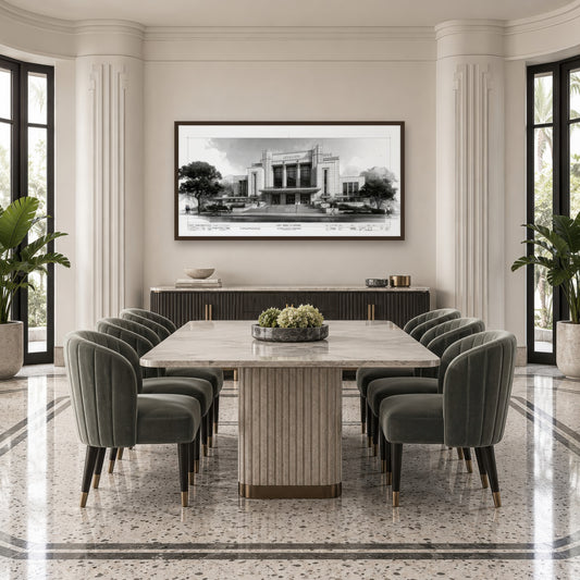 Deco Facade Blueprint art deco wall art in a dining room