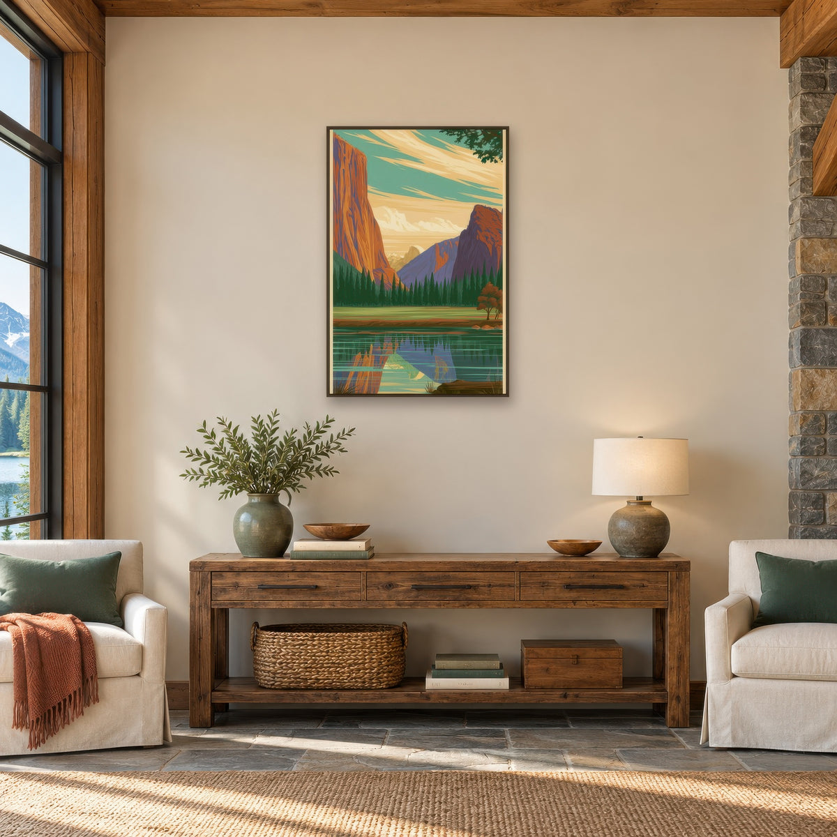 Yosemite Valley Retro Poster landscape wall art in an entryway