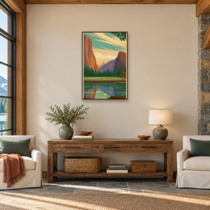 Yosemite Valley Retro Poster landscape wall art in an entryway