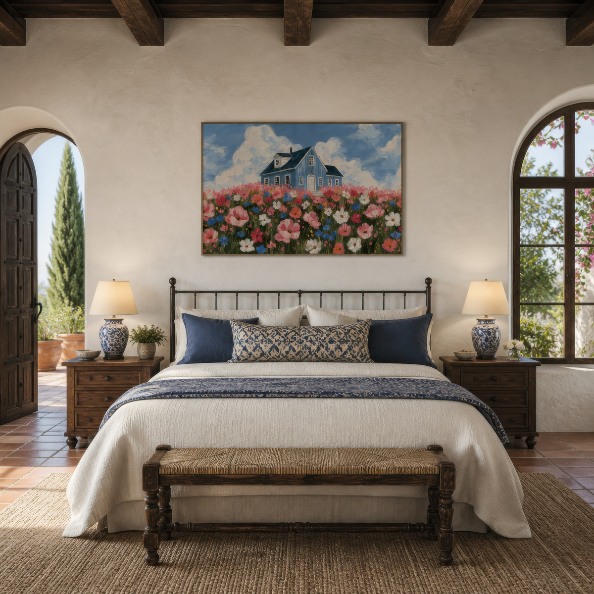 Cosmos field cottage above a black iron bed with navy and cream bedding in a plaster room